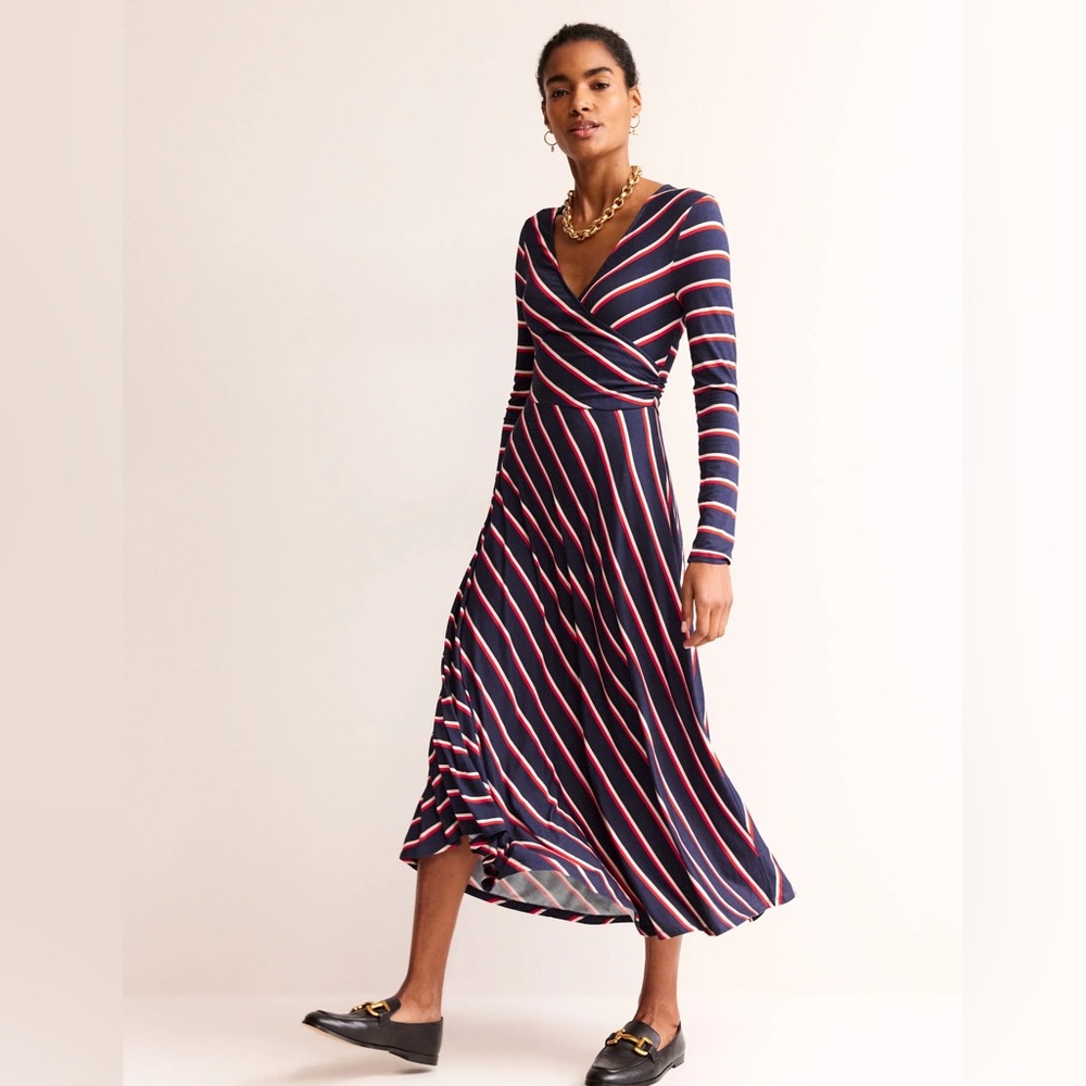 Boden Hotch Stripe Jersey Midi Dress, Navy, Red, White Stripe